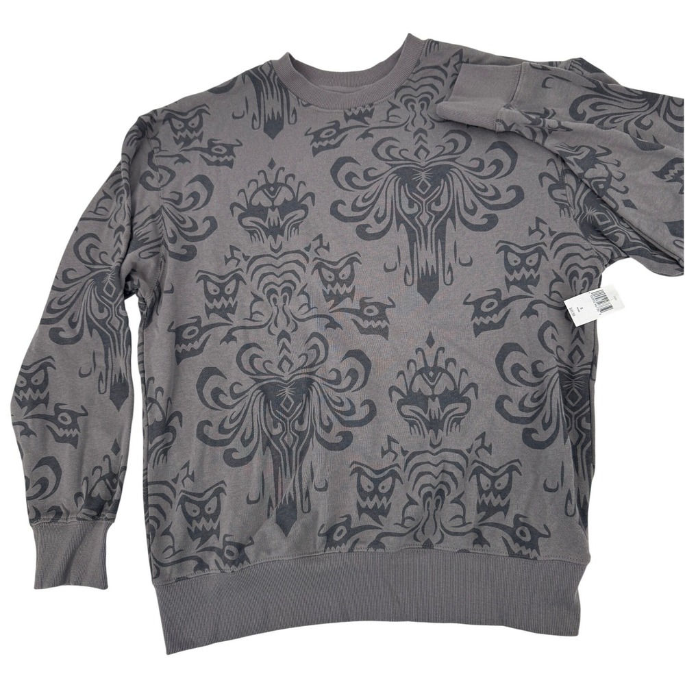 Disney Haunted Mansion Sweatshirt Adult Small Grey Wallpaper Damask Pullover NEW